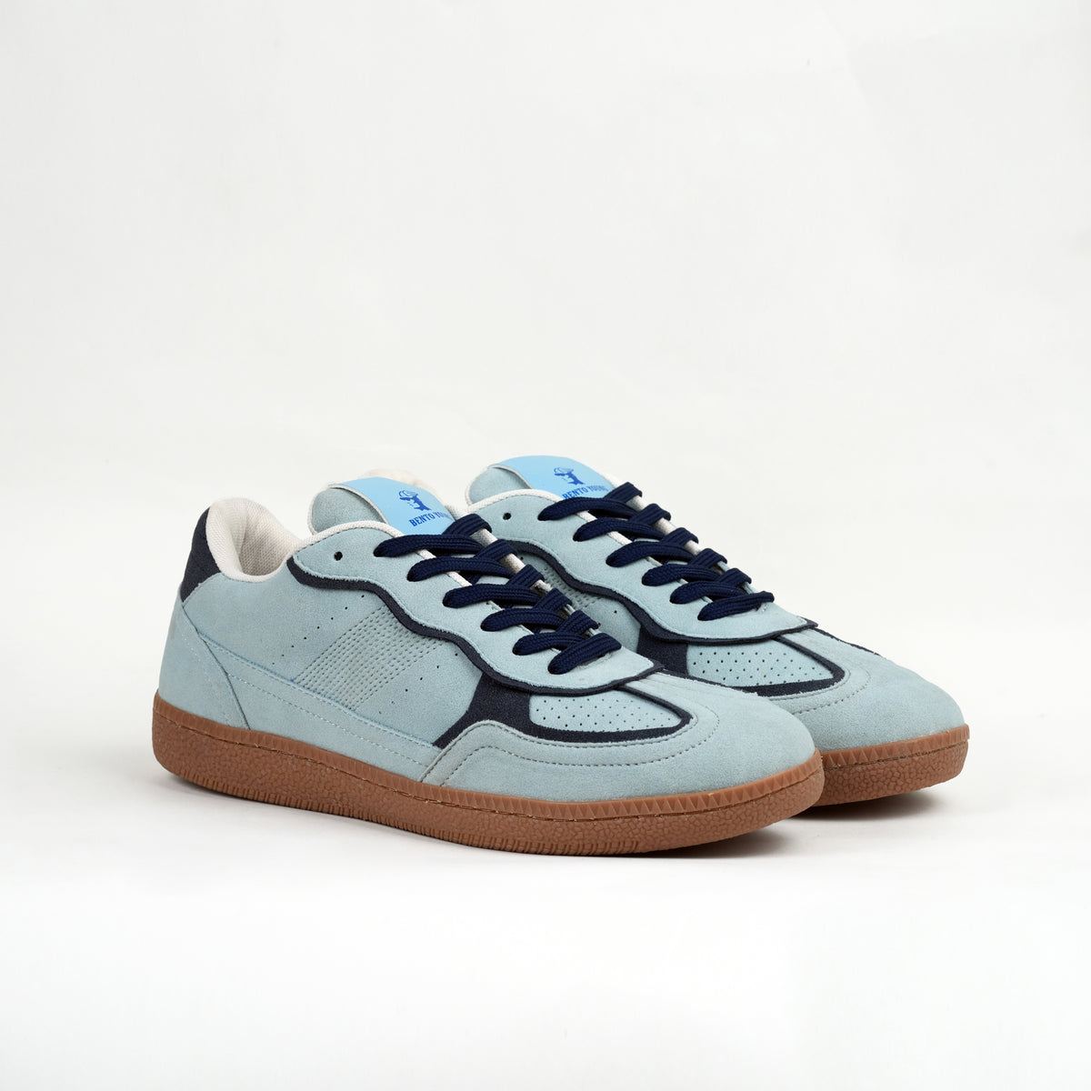 Sky Blue Retro Sneakers with navy contrast overlays and gum sole